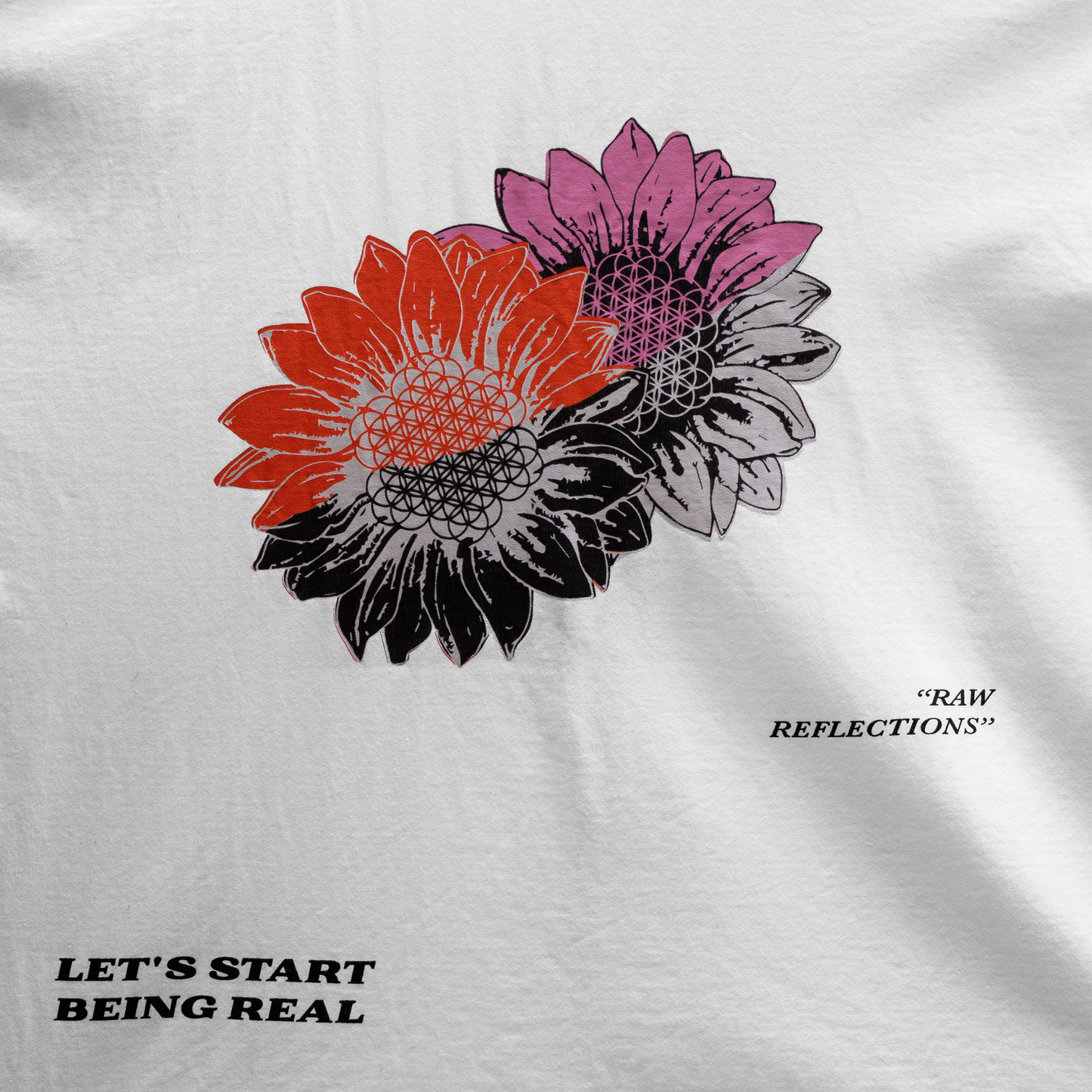 White Oversized t-shirt - Blossoming Enigma, , close-up of design, featuring floral print along with text